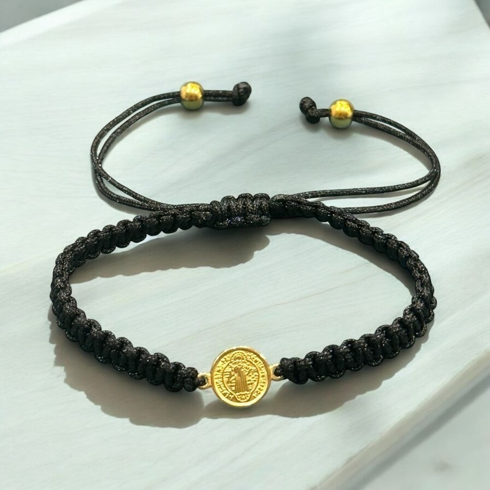 Adjustable Black Braided Bracelet with Gold-Tone Religious Medallion